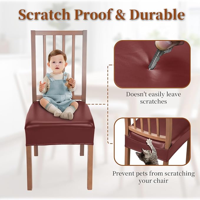 Waterproof Dining Chair Seat Covers Leather Kitchen Seat Covers, Stain Resistant Stretch Chair Seat Covers for Dining Room Chairs Set of 4, Rear Covered Washable Dining Chair Covers Wine Red