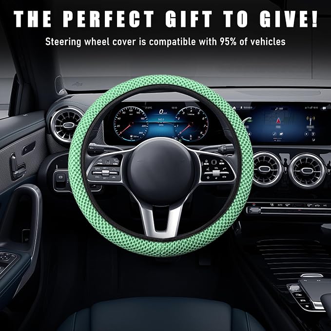 Wevdn Elastic Stretch Steering Wheel Cover, 15"×15" Microfiber Breathable Ice Silk Steering Wheel Protector, Anti-Slip Elastic Steering Wheel Cover for Men Women, Car Accessories (Green)