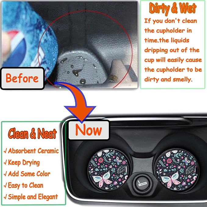 Butterfly Small 2.56" Absorbent Car Coasters 2 Pack, Auto Coasters for Cup Holders, Ceramic Car Accessories Absorb Spills to Keep Cupholders Clean