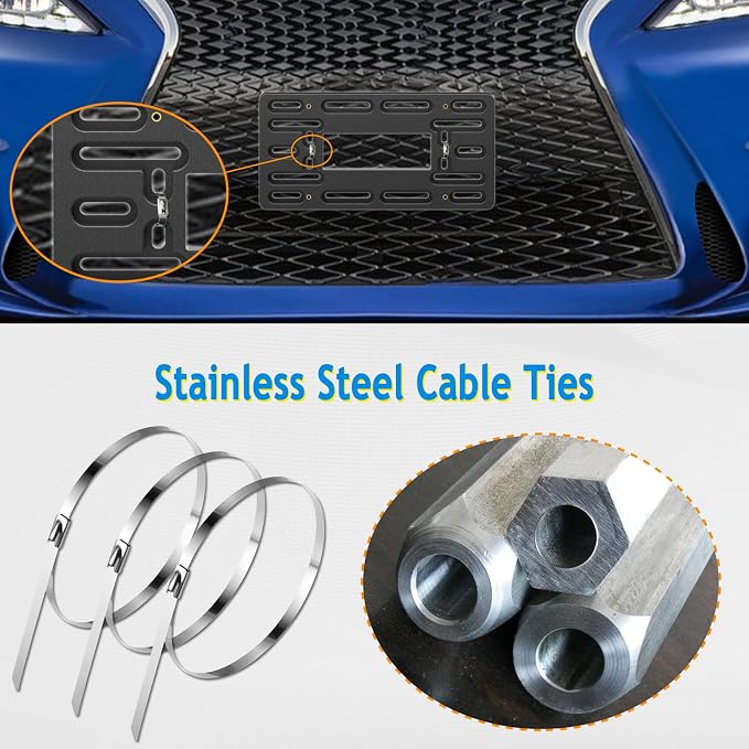 Aootf Front License Plate Bracket Holder, Bumper License Plate Mounting Kit | 2 Drill Holes Car Tag Adapter, Stainless Steel Zip Ties for Grill Mount, Anti Theft Stainless Steel Screw Bolt Caps