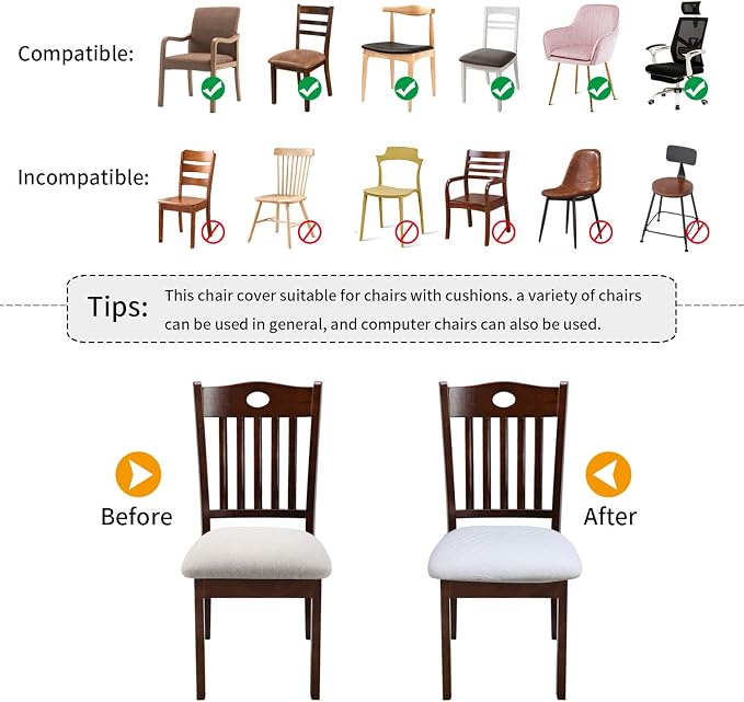 Fuloon Stretch Chair Seat Covers 4 PCS, Removable Washable Dining Chair Covers Anti-Dust Dining Room Seat Cushion Slipcovers (4, White)