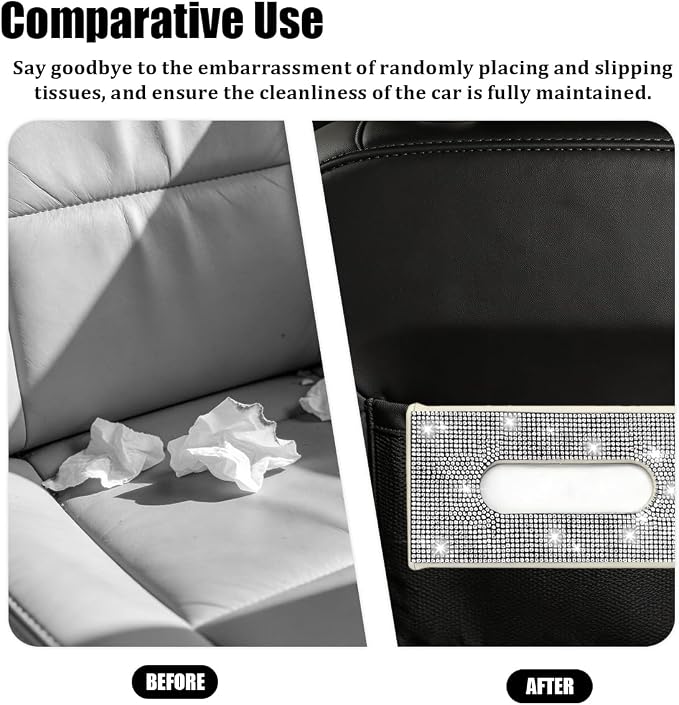 Bling Car Visor Tissue Holder, Shiny Rhinestone Leather Sun Visor Napkin Mask Case Holder Clip, Diamond AUT Paper Tissue Towel Box Dispenser, Universal Fit (White/Beige)