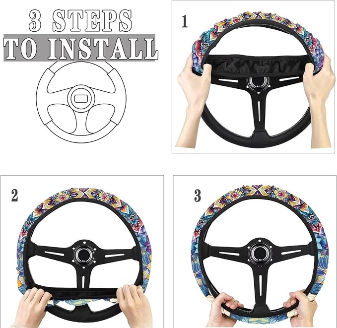 AFPANQZ Car Steering Wheel Covers for Womens Boho Flower Steering Wheel Cover Soft Anti-Slip Rubber Stretch-on Steering Wheel Protector Cover Sweat Auto Accessories Interior Decor