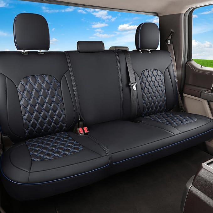 Huidasource Tacoma Rear Seat Covers, Automotive Leather Car Back Seat Cover Fit for 3rd Gen Toyota Tacoma 2016-2023 Double & Crew Cab SR SR5 Limited TRD Sport/Pro/Off Road (Back Row/Black&Blue)