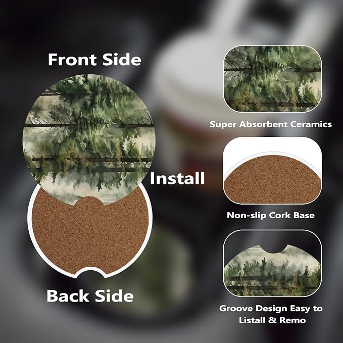 Ceramic Car Cup Coasters 2PCS - Dream Forest | with Cork Back & Finger Slot, Anti-Slip Shock Absorbing, Universal Car Interior Accessories for Men Women