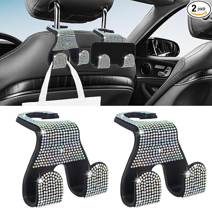 2PCS Car Seat Headrest Hooks, Shiny Crystal Hanger Holder, Backseat Hanger Storage Organizer, Bling Rhinestone Car Purse Hook, Car Accessories for Women Universal for SUV Truck Vehicle (AB Color)