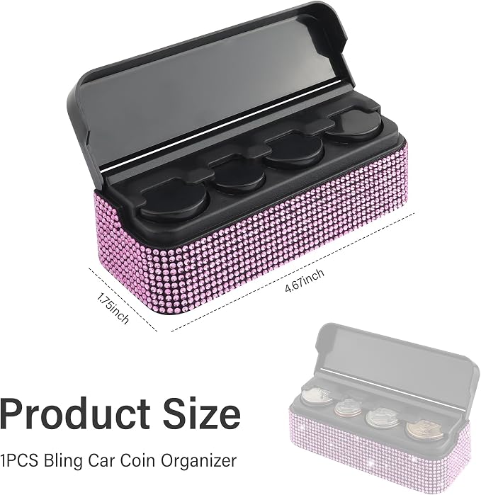 carleef Bling Coin Holder for Car,4 Compartment Car Organizers and Storage with Rhinestones Compatible with Quarter/Nickel/Pennies/Dimes,Universal Coin Organizer for Car Truck SUV (Pink)