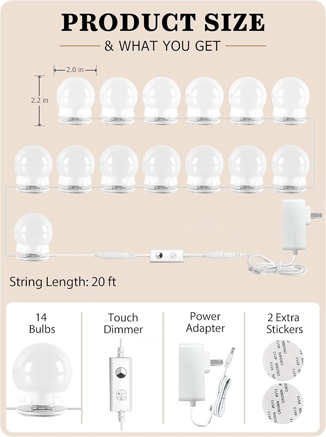 Waneway 14 Bulbs Vanity Lights for Mirror, Plug in Power Adapter & Touch Control Dimmer, 3 Color Modes, 1260 Lumens, Stick on LED Makeup Lights Kit (Mirror Not Included)