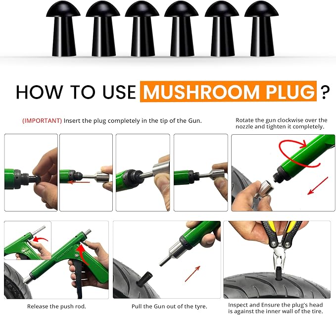 GRAND PITSTOP Tubeless Tire Gun Puncture Repair Kit with Mushroom Plug for Tyre Punctures and Flats on Cars, Motorcycles, ATV, Trucks & Tractors (Gun Puncture kit 15 Plugs, Green)
