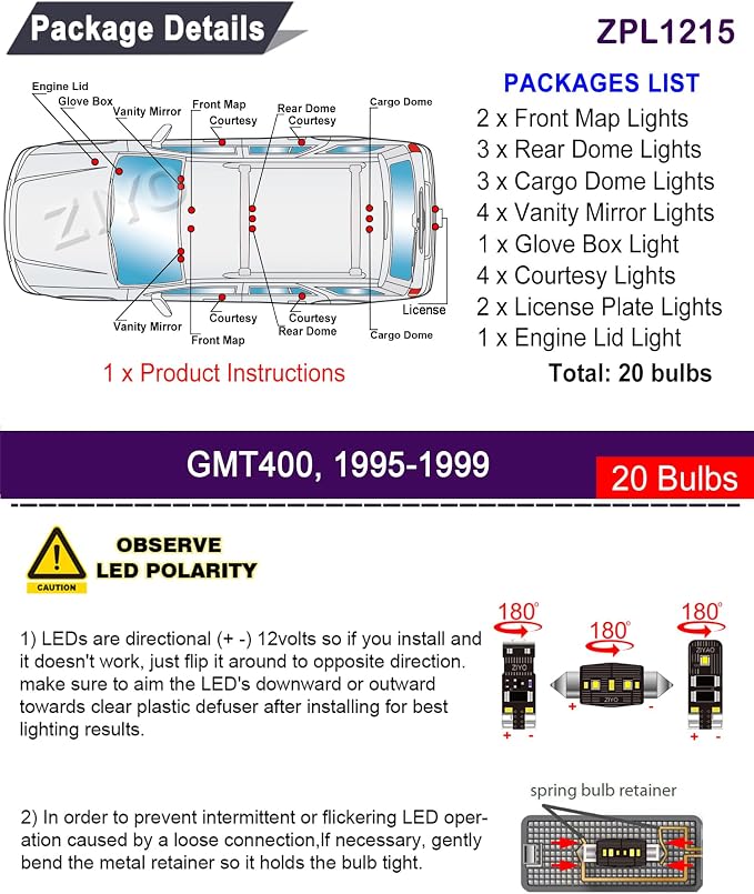 ZIYO ZPL1215 LED Interior Light kit for GMC Yukon Chevrolet Suburban Tahoe GMT400 1995-1999, 6000K White Dome Lights Accessories Replacement Package, LED Light Bulbs Upgrade (20 Bulbs)