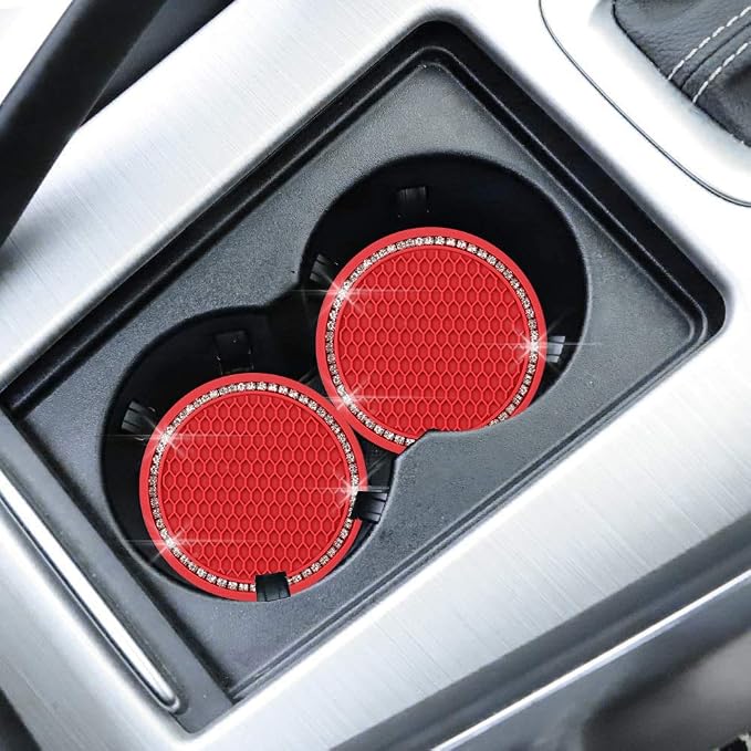 SUNCARACCL Bling Car Coasters Car Cup Holder Coaster, 2 Pack Universal Bling Vehicle Insert (2.75" Diameter), Crystal Rhinestone Car Interior Accessories (Red)