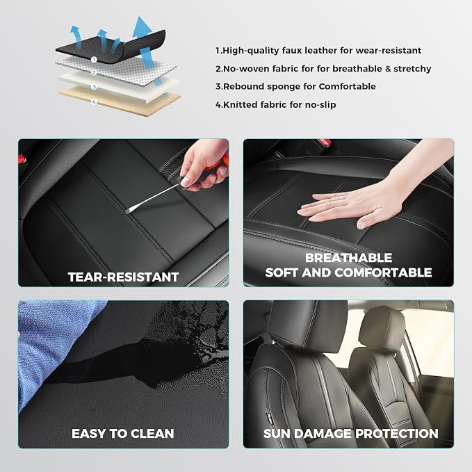 Seat Covers for Honda Civic Sedan EX-L, EX-T, EX, Touring, Sport 2016-2021, Faux Leather Car Seats Cover Full Set Waterproof Black (60/40 Split Seatback-with Rear Armrest)