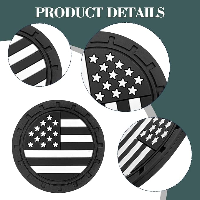 Automotive Universal Car Cup Holder Coasters 4 Pack, Non-Slip Silicone Cup Holder Insert 2.72~2.75 Inch, Anti-Skid Shockproof Drink Mat with Flag Design, Vehicle Interior Accessories Black