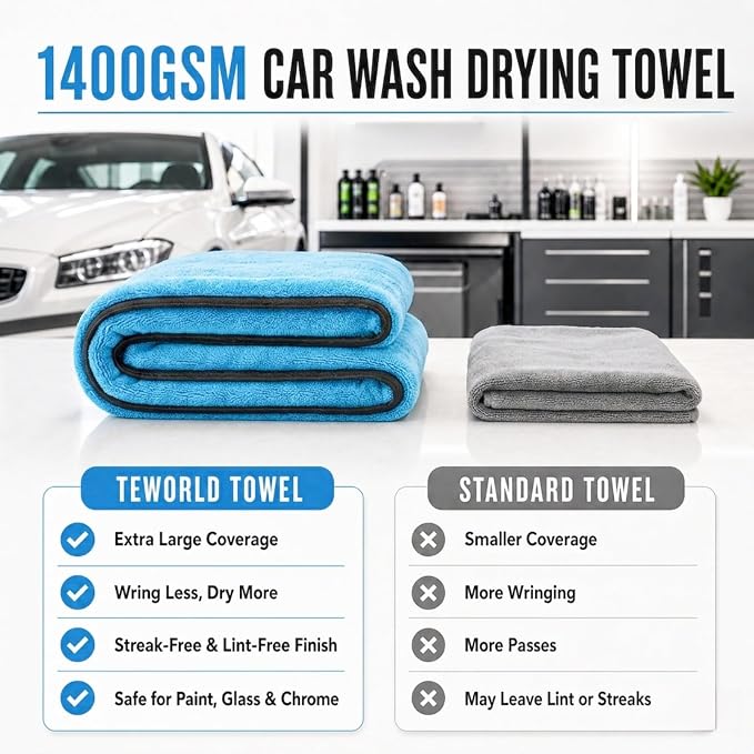 teworld® Car Drying Towel, Extra Large 48 x 24 Inch, 1400 GSM, Dual-Color | Twisted Loop Microfiber Towel for Cars - Absorbent Car Dry Towel and Car Wash Towel for Streak-Free, Paint-Safe Car Detailing