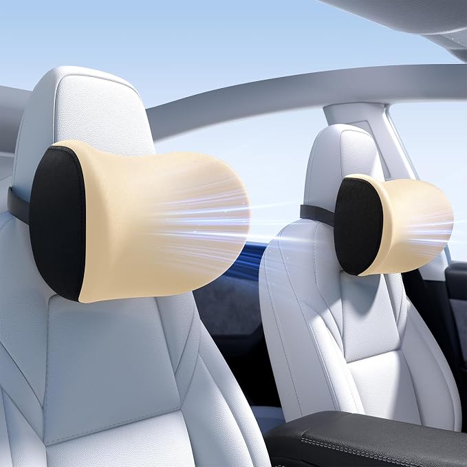 Wigoo 2025 Upgrade Car Neck Pillow [No More Pressure, Odorless] Soft Car Headrest Pillow with Adjustable Strap Removable Cover 100% Memory Foam, Fits All Vehicles (Beige 2-Pack)
