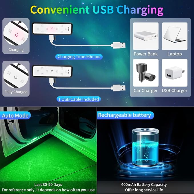 CARFIB Car Door Light Projector Wireless 7 Colors LED Welcome Lights Magnetic Sill Interior Courtesy Lighting USB Rechargeable Warning Lamp Vehicle Auto Sensing Decorations 4pcs