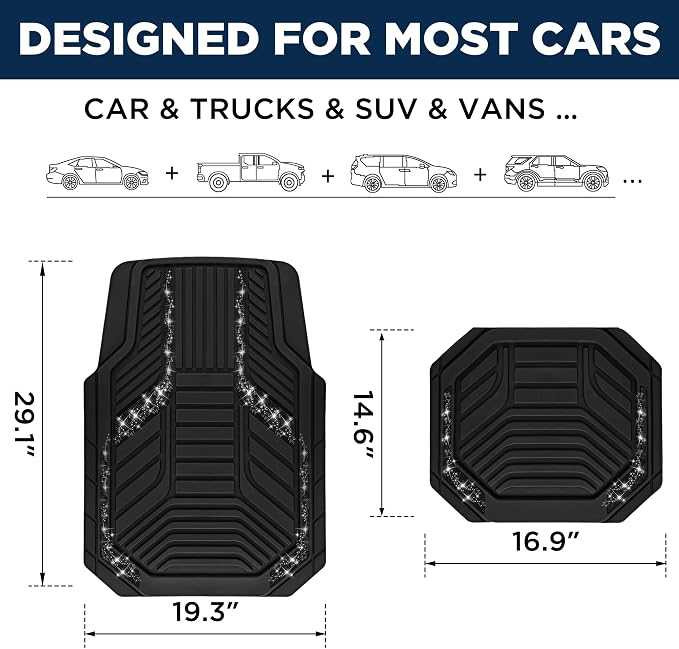 PIC AUTO Car Floor Mats, Black Sparkly Crystal Bling Glitter Car Mats Set, Front and Rear Heavy Duty Rubber Car Mats with Anti-Slip Backing, All Weather, Trim-to-Fit for Automotive SUVs, Sedan, Vans