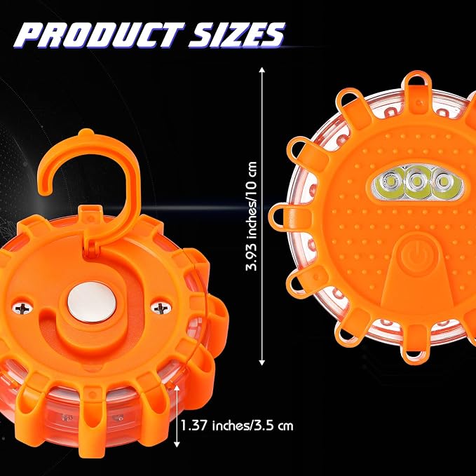 Frienda 12 Pieces LED Roadside Safety Flares Emergency Flare Lights Flashing Warning Lights Bulk Roadside Safety Beacon Disc Pack with Magnetic Base and Hook for Car Truck Vehicles Boat