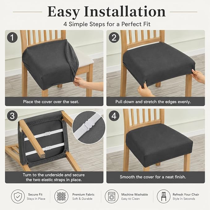 NILUOH Waterproof Seat Covers for Dining Room Chairs Set of 4, Stretch Chair Seat Slipcovers Dining Chair Cover Removable Washable Chair Protctor Cover, Rear Covers (Light Gray)