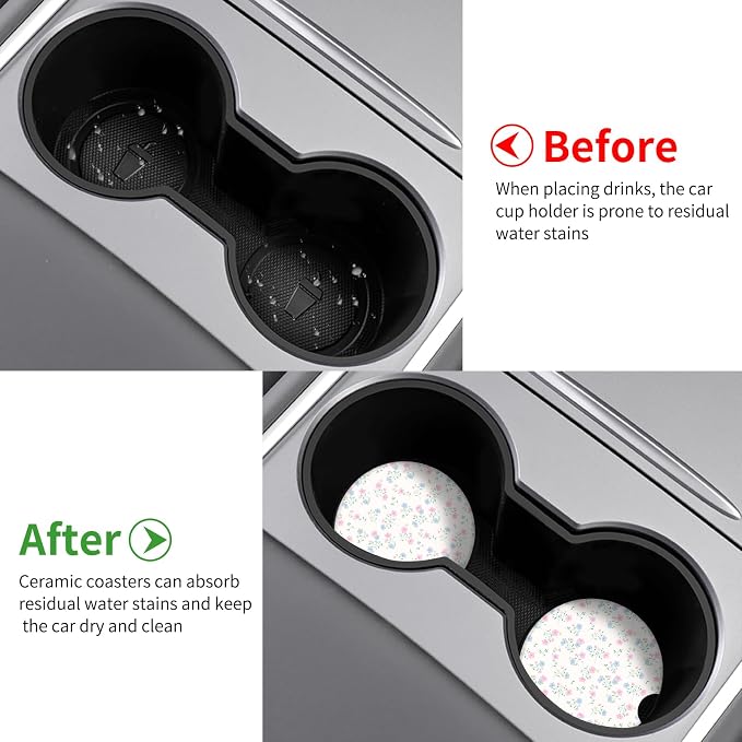 Vintage Flowers Car Coasters,Absorbent 2 Pack for Cup Holders with Finger Notch,2.56 inches Ceramics Heat Resistant Anti Slip Cork Base Car Drinks Coasters Auto Cup Holder