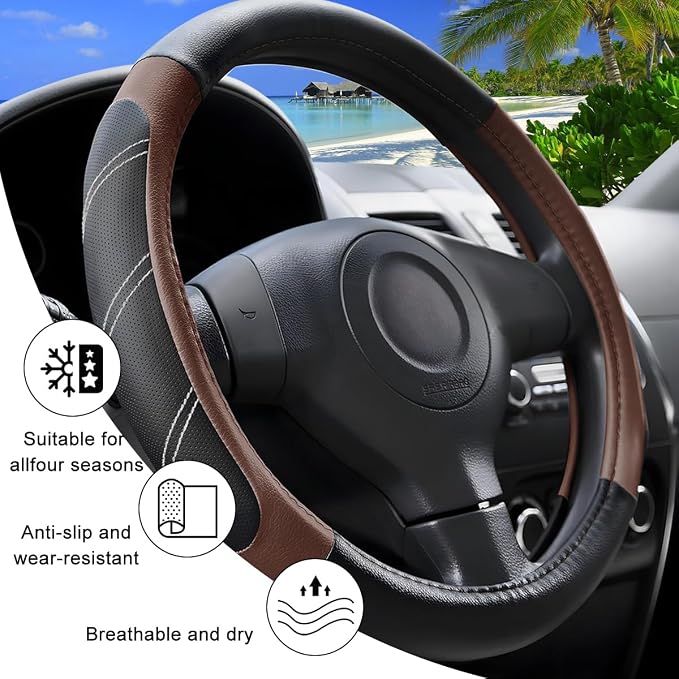 Zpana Car Steering Wheel Cover, 15 Inch Carbon Fiber Leather Non-Slip Steering Wheel Protector with Lining, Breathable Automotive Interior Accessories, Universal for SUV RV Truck (Orange)
