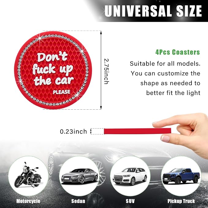 Ziciner 4 Pack Bling Car Cup Holder Coaster, 2.75 Inch Anti-Slip Auto Insert Cup Coaster, Crystal Car Drink Cup Mat Perfect for Women Girls, Universal Interior Decor Accessories (Red)