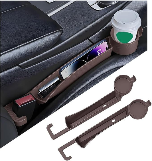 2PCS Car Seat Gap Filler Organizer with Cup Holder, Multifunctional Side Seat Crevice Blocker Plug with Storage Slot, No-Drop Auto Console Side Gap Stopper Organizer, Universal Fit (Brown)