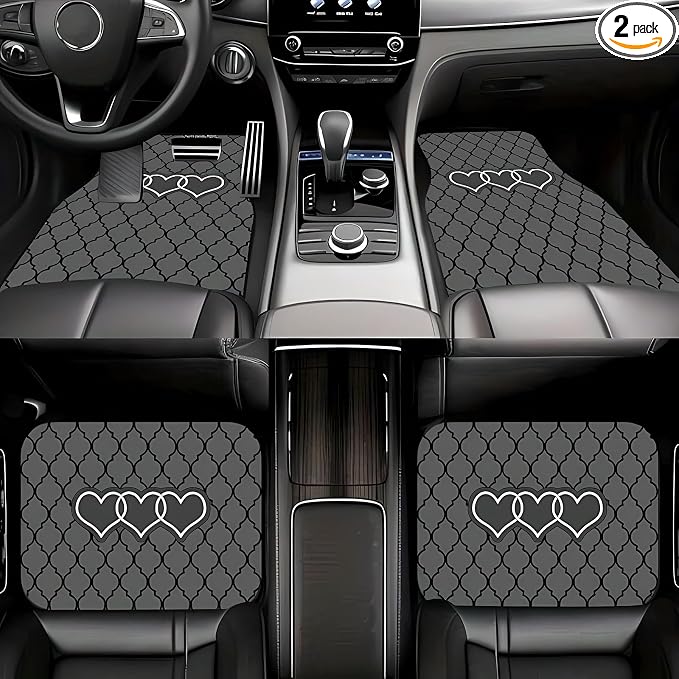 Universal Fit Car Floor Mats Set of 4Pcs, Gray Heart Pattern All-Weather Front Rear Car Carpet Mats, Non-Slip Car Floor Mat Car Accessories for Automotive Trucks SUV Sedans Vans