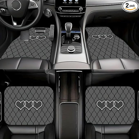 Universal Fit Car Floor Mats Set of 4Pcs, Gray Heart Pattern All-Weather Front Rear Car Carpet Mats, Non-Slip Car Floor Mat Car Accessories for Automotive Trucks SUV Sedans Vans