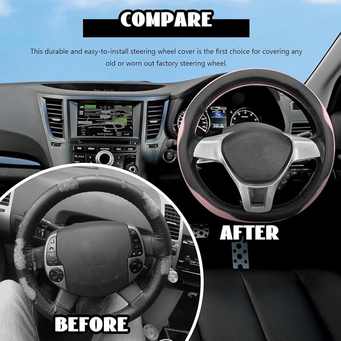 Microfiber Leather Steering Wheel Cover, Breathable Steering Wheel Protector with Anti-Slip Inner Ring, Universal 14.5"-15" Car Wheel Cover Auto Interior Decor for Men Women (Pink)