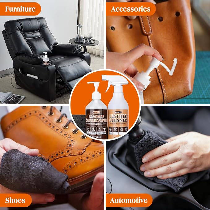 LISRUX Leather Cleaner and Conditioner Kit-2×18oz, Leather Cleaner for Car Seats, Furniture, Couches, Shoes & Boots, pH-Balanced, Restores & Protects All Leather For Natural, Synthetic, Faux, Pleather