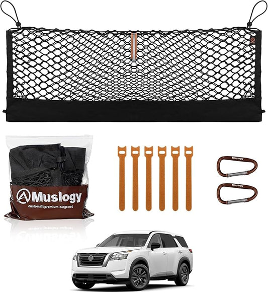 Muslogy Truck Bed Cargo Net Trunk Netting Compatible with 2022-2025 2026 Nissan Pathfinder Accessories, Pickup Cargo Organizer SUV Sedan Storage Net w/Heavy Duty Carabiners