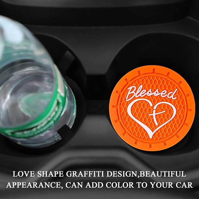 KVAEY 2 PCS Car Cup Holder Coasters, 2.76 Inch Anti Slip Vehicle Drink Mats with Cute Blessed Cross and Heart, Shockproof, Universal Car Accessories (Orange, 2 PCS)