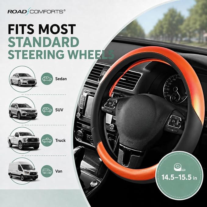 Road Comforts Steering Wheel Cover – Breathable Leather Steering Wheel Cover, Anti-Slip Grip, Universal Fit 14.5” to 15”, Heat & Cold Resistant for Cars, SUVs, and Trucks – Black & Shining Orange