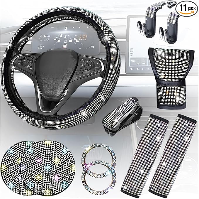 11PCS/Set Bling Car Accessories Set for Women, Rhinestone Vehicle Steering Wheel Cover Seat Belt Cushion Gear Shift Protector Cup Holder Coaster, Universal Automotive Accessories (Multicolor)