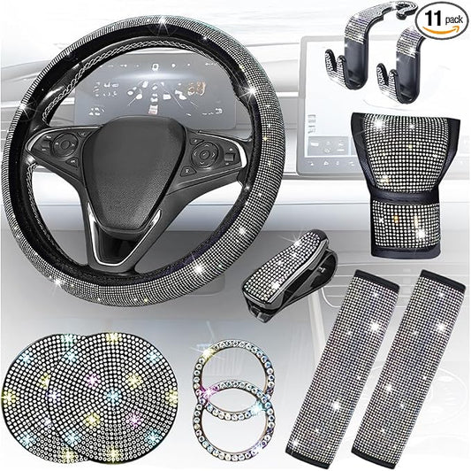 11PCS/Set Bling Car Accessories Set for Women, Rhinestone Vehicle Steering Wheel Cover Seat Belt Cushion Gear Shift Protector Cup Holder Coaster, Universal Automotive Accessories (Multicolor)