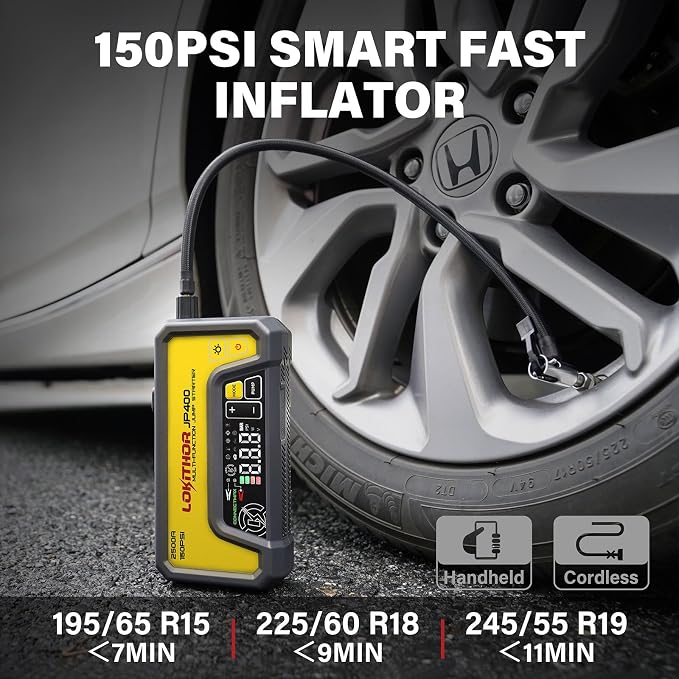 LOKITHOR JP400 Jump Starter with Air Compressor, 2500A 12V Portable Car Battery Booster Pack (8.5L Gas/6.5L Diesel) with ConnectMax Tech, 150PSI Tire Inflator, Auto-Shutoff & Dynamic Dwell (Yellow)