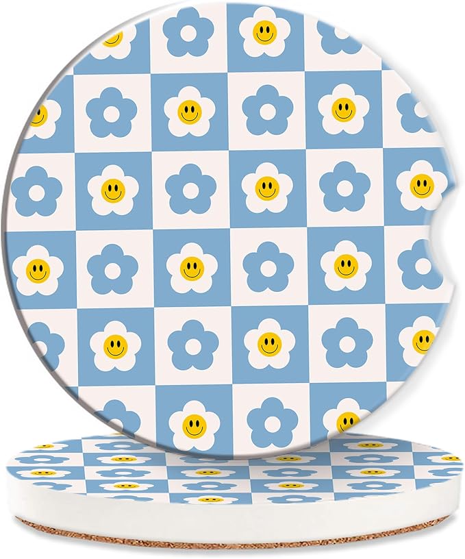 Retro Checkered Groovy Car Cup Coaster 2 Pack,70s Smiling Daisy Absorbent Ceramic Coaster for Women Men,Drink Car Cup Holders Interior Assecories,Universal 2.56" with Finger Notch & Cork Base