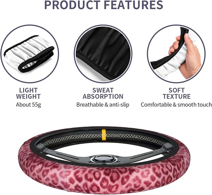 Pink Leopard Print Steering Wheel Cover Pink Cheetah Print Steering Wheel Cover Anti-Slip Breathable for 15 in Universal 2 Pcs Car Interior Cup Holder Pad for Men Women