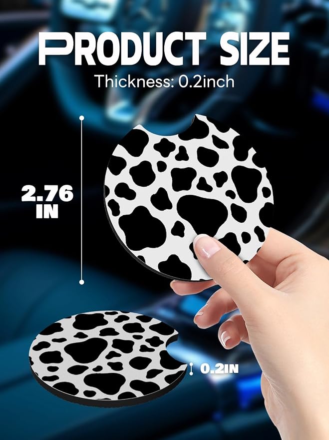 WOCOCN Car Coasters,Cup Holder Coasters for Car,2.75inch Anti Slip and Absorbent,Cute Accessory Decor for Cup Holder,Pack of 2 (Cow)