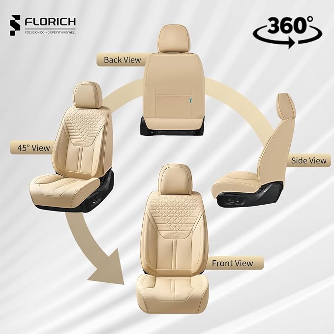 FLORICH Seat Covers, Car Seat Covers Full Set, Luxury Nappa Leather Seat Covers, Breathable and Waterproof Car Seat Protector 5 Seat, Automotive Seat Covers Universal Fit for Most Cars-Beige