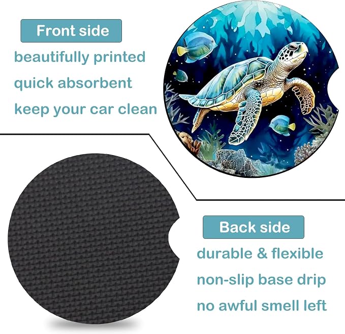 2 Pack Sea Turtle Car Cup Holder Coasters Universal Neoprene Coasters | 2.75" Universal Size Anti Slip Rubber Mat, Auto Cup Holder Accessories for SUV Truck, Sea Turtle Gifts for Women Men Mom