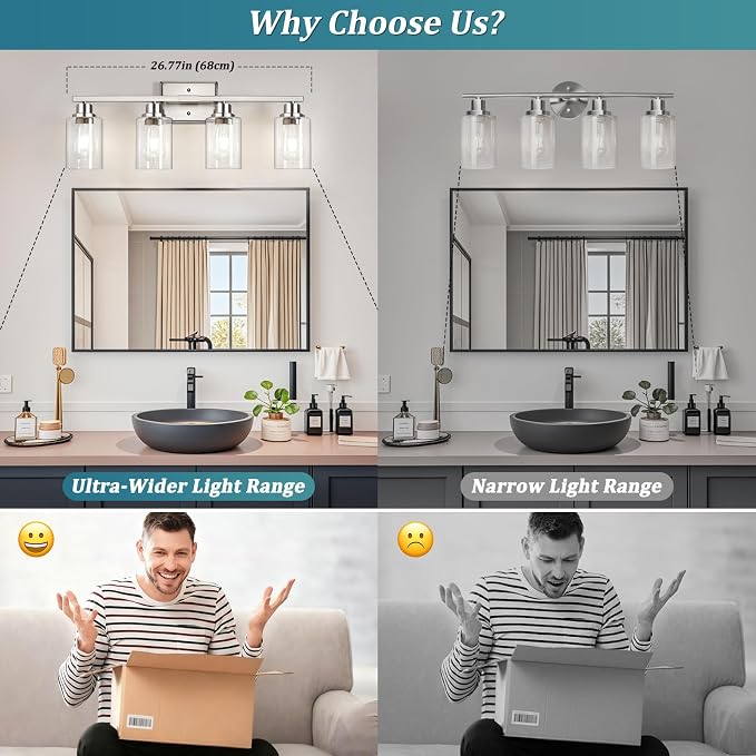 Unicozin Modern Brushed Nickel Bathroom Light Fixtures, 4-Light Vanity Lights Over Mirror with E26 LED Bulbs Included, Wall Sconce with Clear Glass Shades for Living Room Bedroom Hallway Kitchen