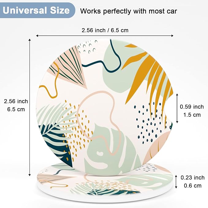 Nipichsha Car Coasters for Cup Holders, 2 Pack Absorbent Ceramic Car Cup Holder Coaster for Drinks, Cute Auto Assecories for Women Men, Size 2.56 in with Finger Notch & Cork Base, Boho Leaves