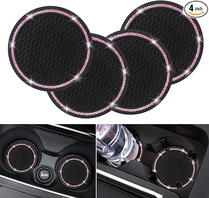 4 Pack Car Coasters, Universal Vehicle Bling Car Coaster, Cute Rhinestone Coaster for Cup Holders,Interior Accessories 2.75'' Silicone Anti Slip Car Coasters for Women (Pink Crystal Circle)