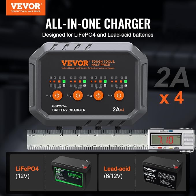 VEVOR Smart Battery Charger, 2A x 4, LiFePO4 Lead-Acid (AGM/Gel/SLA) Car Battery Charger, Fully-Automatic Charger Maintainer Desulfator for Boat Motorcycle Lawn Mower Golf Cart Marine Deep Cycle