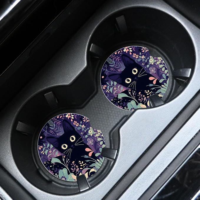 2pcs Cute Black Cat Car Coasters,Absorbent Universal neoprener Cup Holder Coasters with a Finger Notch,Car Accessories for Women&Man Interior，2.75" 1