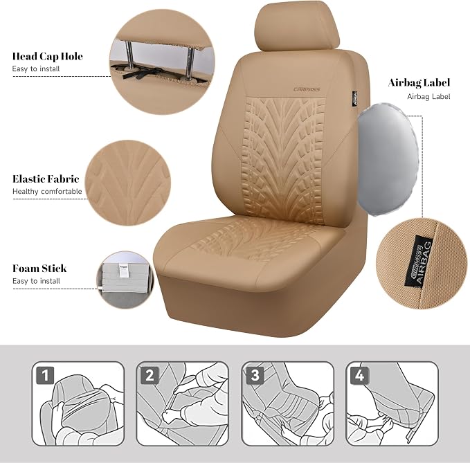CAR PASS Car Seat Covers Full Sets, Front & Split Rear Bench for Car, 3D Tyre Embossed Automotive Interior Covers, Airbag Compatible, Quick Setup Universal Fit Seat Covers for Car, SUV(All Beige)
