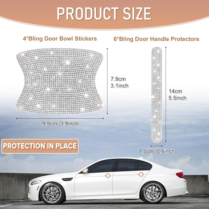 10 PCS Bling Car Door Handle Protector, Shiny Crystal Rhinestone Anti-Scratch Universal Cars Door Handle Protective Cover, Glitter Auto Accessories for Women (White)