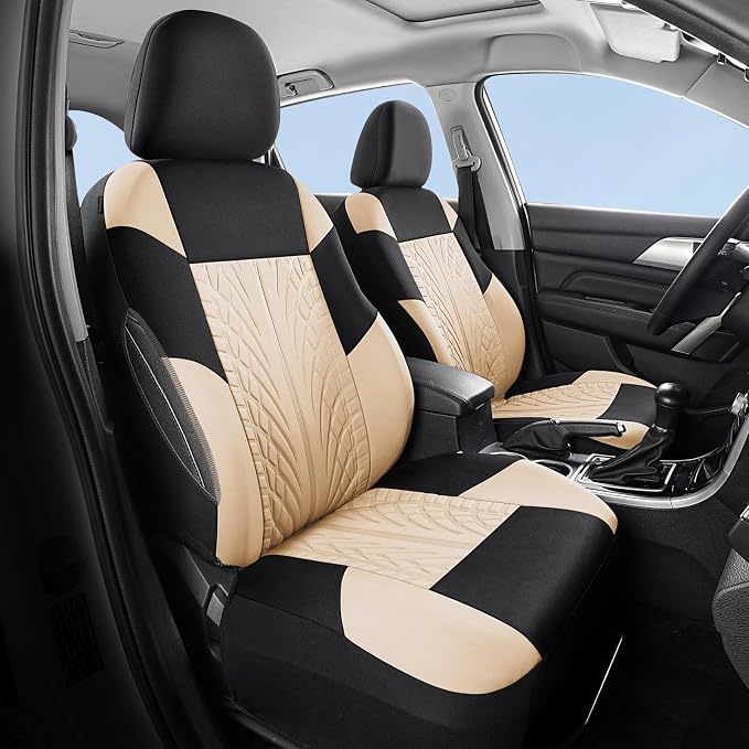 HChengkikz Front Car Seat Cover, Cloth and Washable (Black + Beige) | Breathable, Airbag compatible, Easy to Install, Universal Fit for Most Cars, Sedans, Truck, SUVs